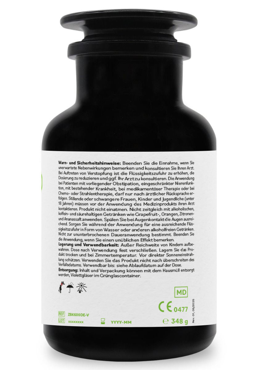 ZeoBentMED 600 detox capsules in a Miron violet glass, medical device with CE certificate