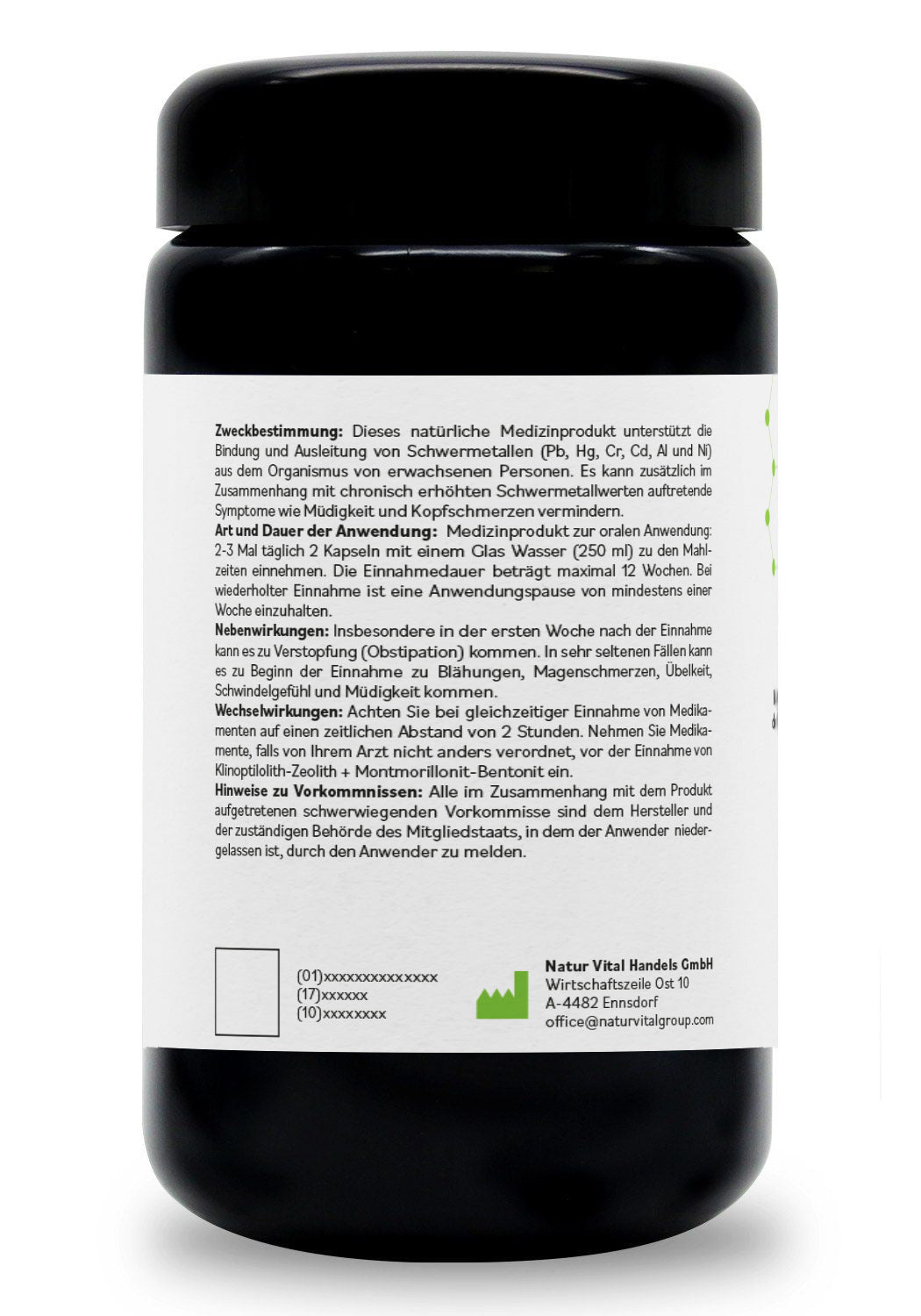 ZeoBentMED 200 detox capsules in a Miron violet glass, medical device with CE certificate