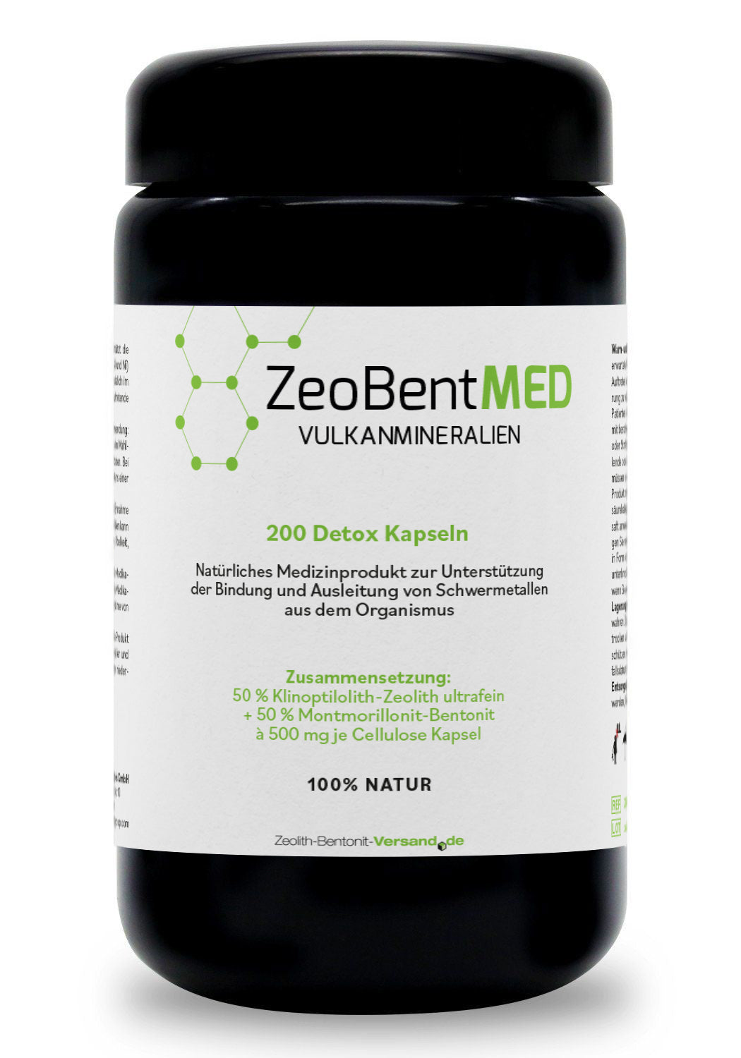 ZeoBentMED 200 detox capsules in a Miron violet glass, medical device with CE certificate