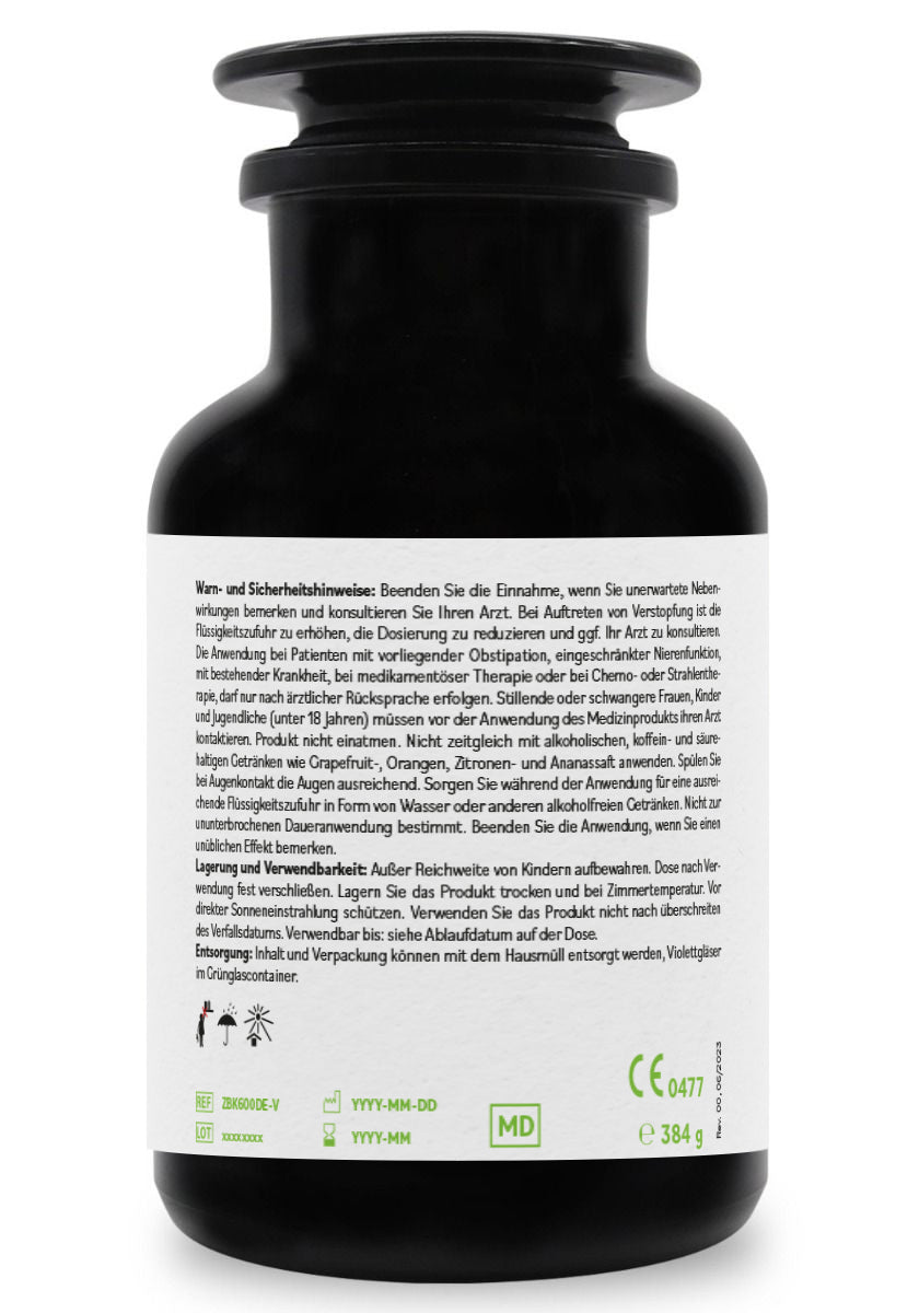 ZeoBentMED 600 detox capsules in a Miron violet glass, medical device with CE certificate