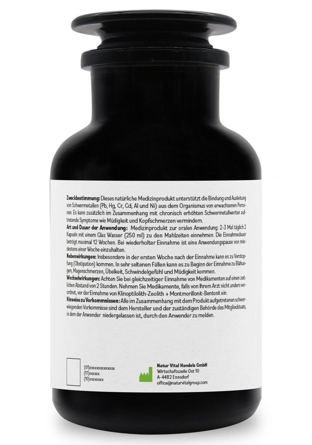ZeoBentMED 600 detox capsules in a Miron violet glass, medical device with CE certificate