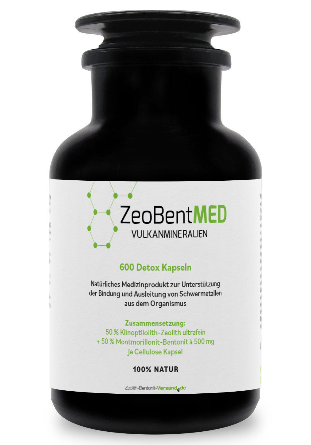 ZeoBentMED 600 detox capsules in a Miron violet glass, medical device with CE certificate